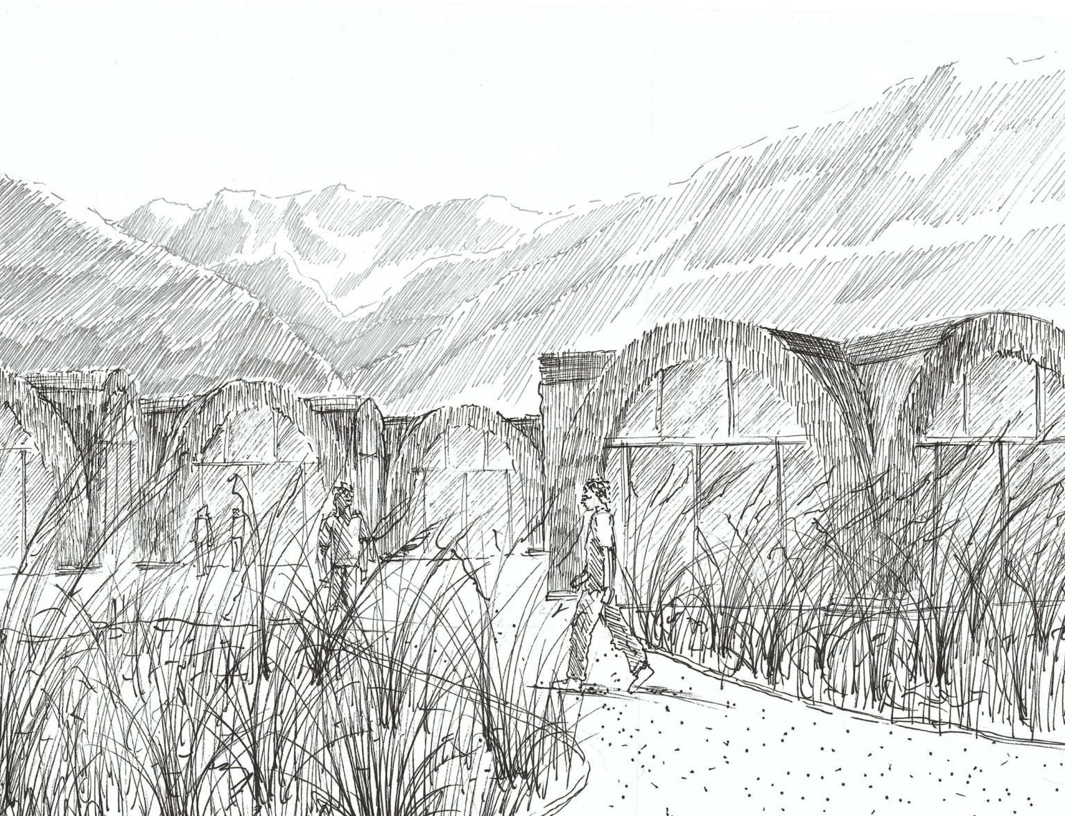 Dessin - croquis - mudhif - bagnères-de-luchon - fibres - miscanthus - roseau