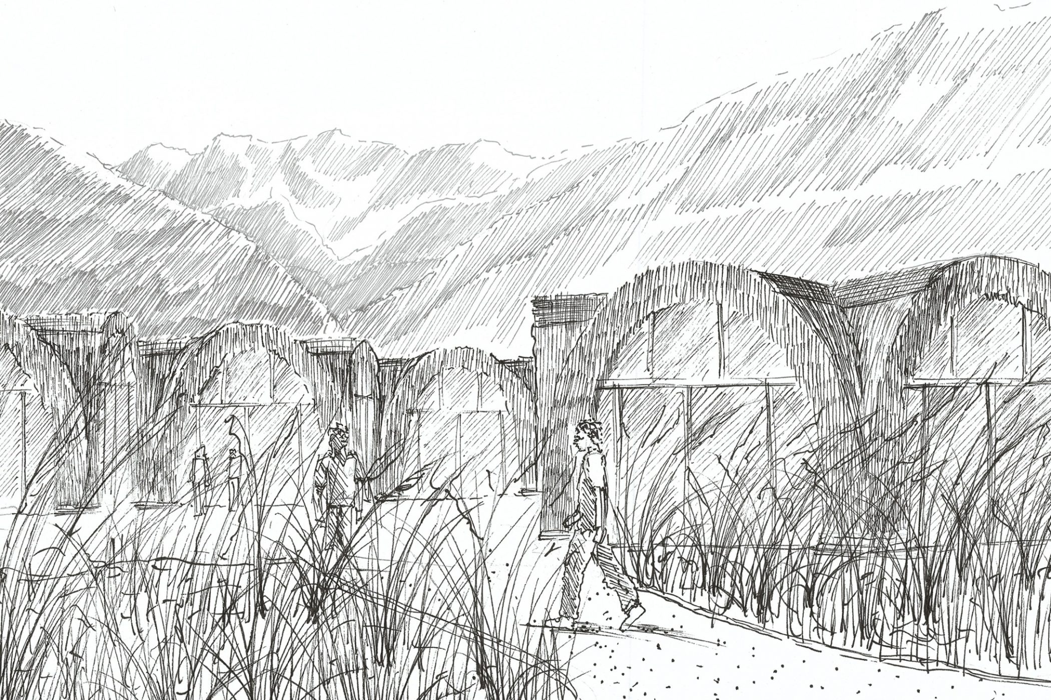 Dessin - croquis - mudhif - bagnères-de-luchon - fibres - miscanthus - roseau